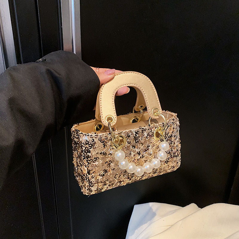 Mini bolso bandolera de verano con lentejuelas brillantes y correa de perlas