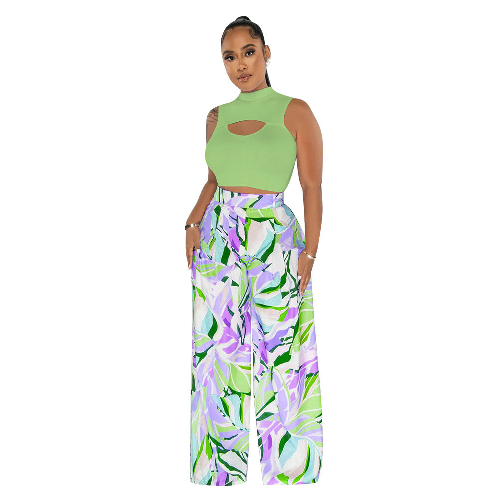 Conjunto de top corto sin mangas con cuello redondo informal a la moda para mujer