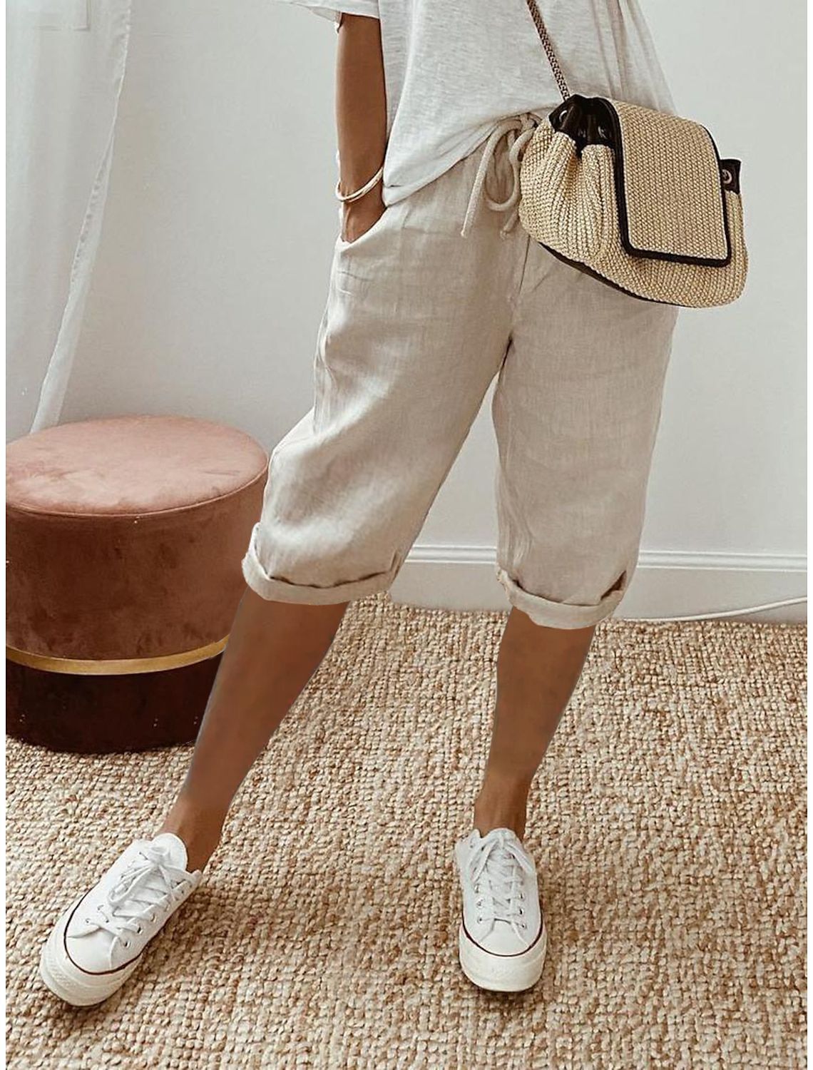 Pantalones casuales de lino y algodón de color liso a la moda para mujer