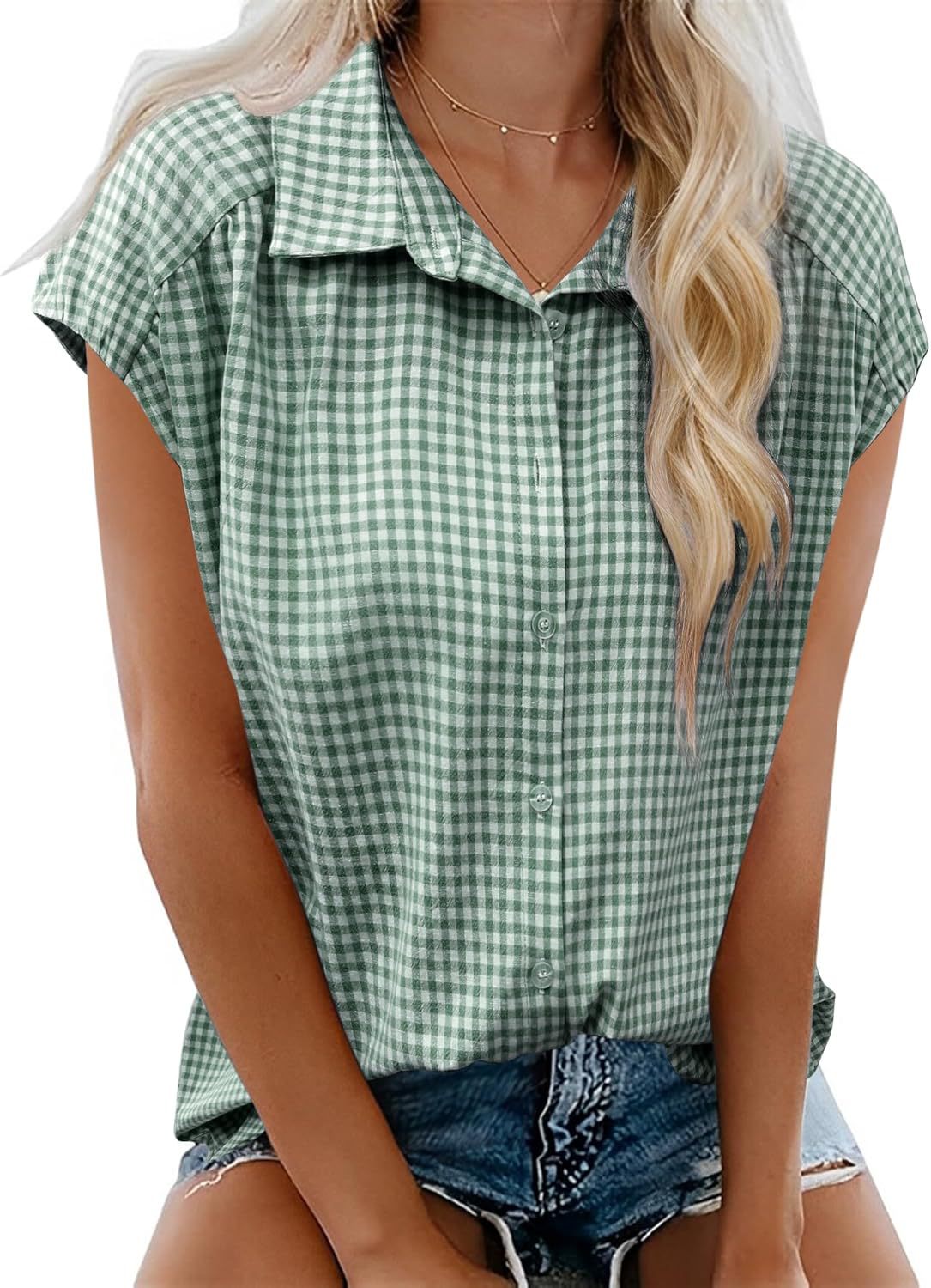 Blusa informal de manga corta a cuadros para mujer, con solapa, material: algodón y poliéster.