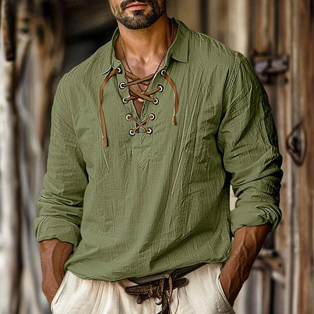Camisa informal de lino liso con cuello en V y mangas largas para hombre
