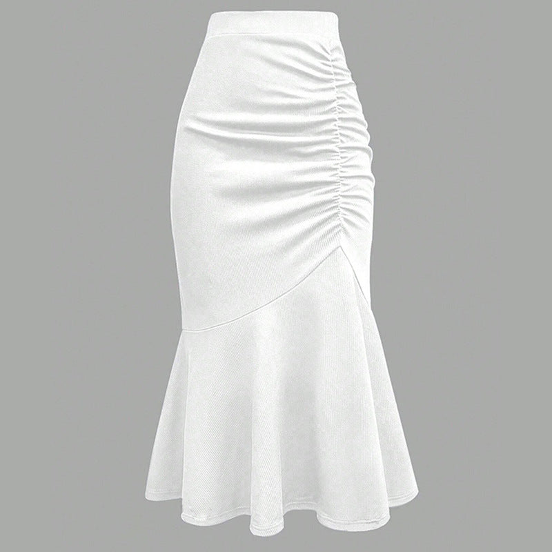 Women Casual Solid Color Pleated Fishtail Midi Skirt