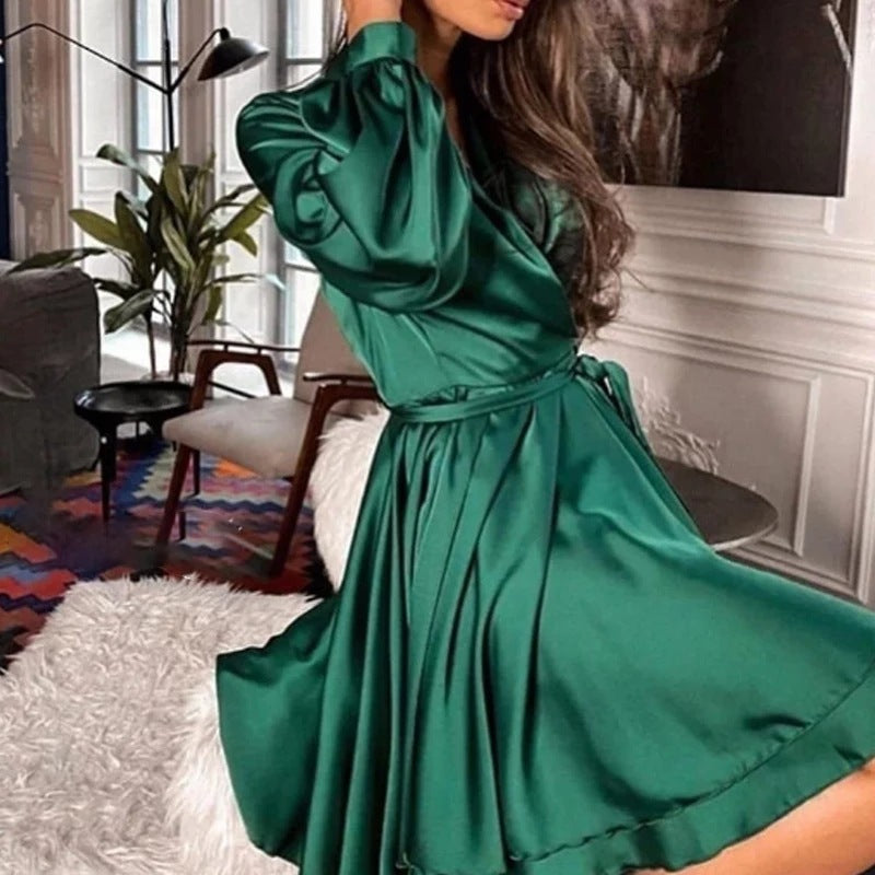 Women Fashion Solid Satin Long Sleeve V-Neck Dress