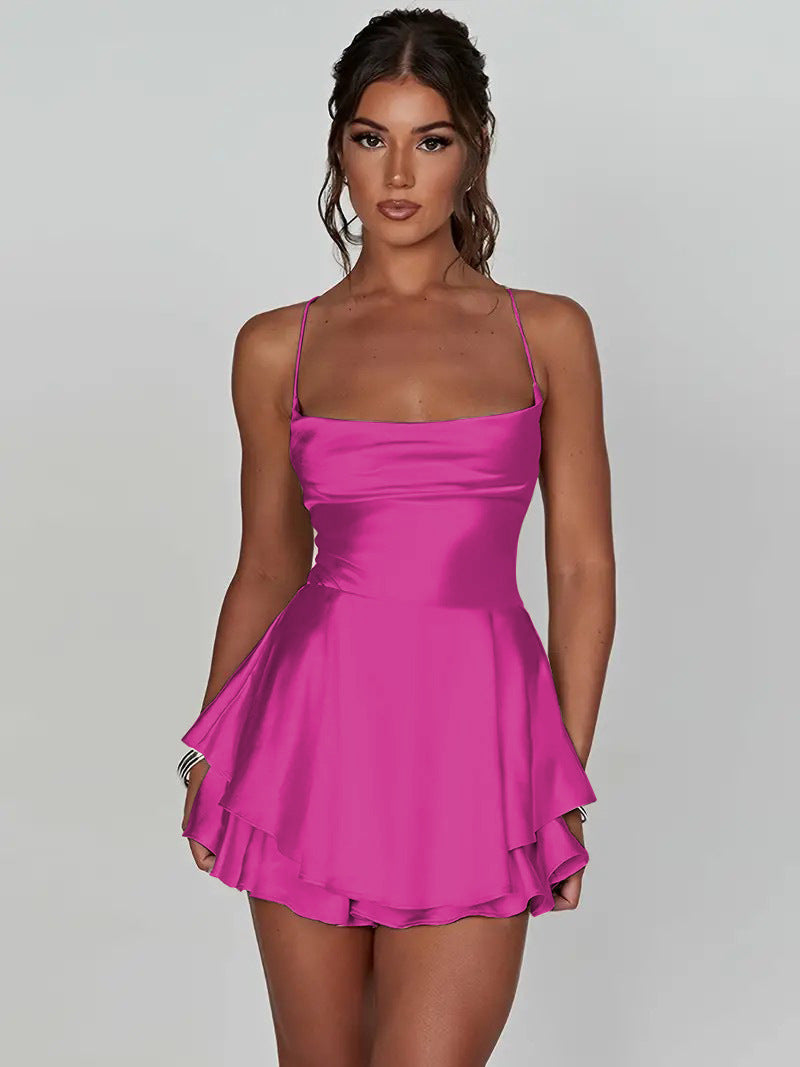 Women Fashion Sexy Solid Color Silk Sleeveless Backless Dress