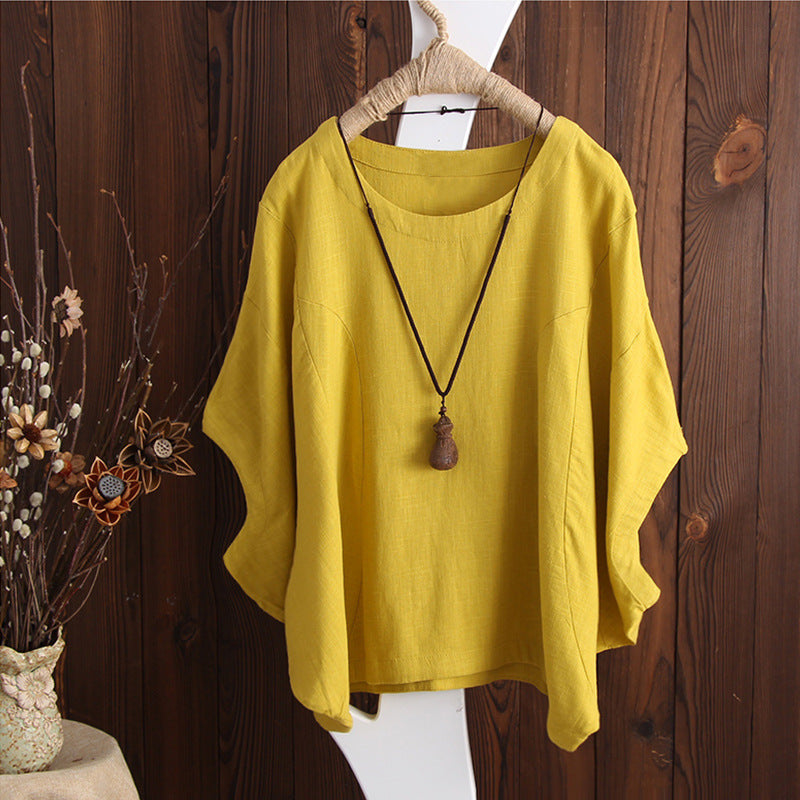 Top de lino y algodón de color liso de talla grande a la moda para mujer