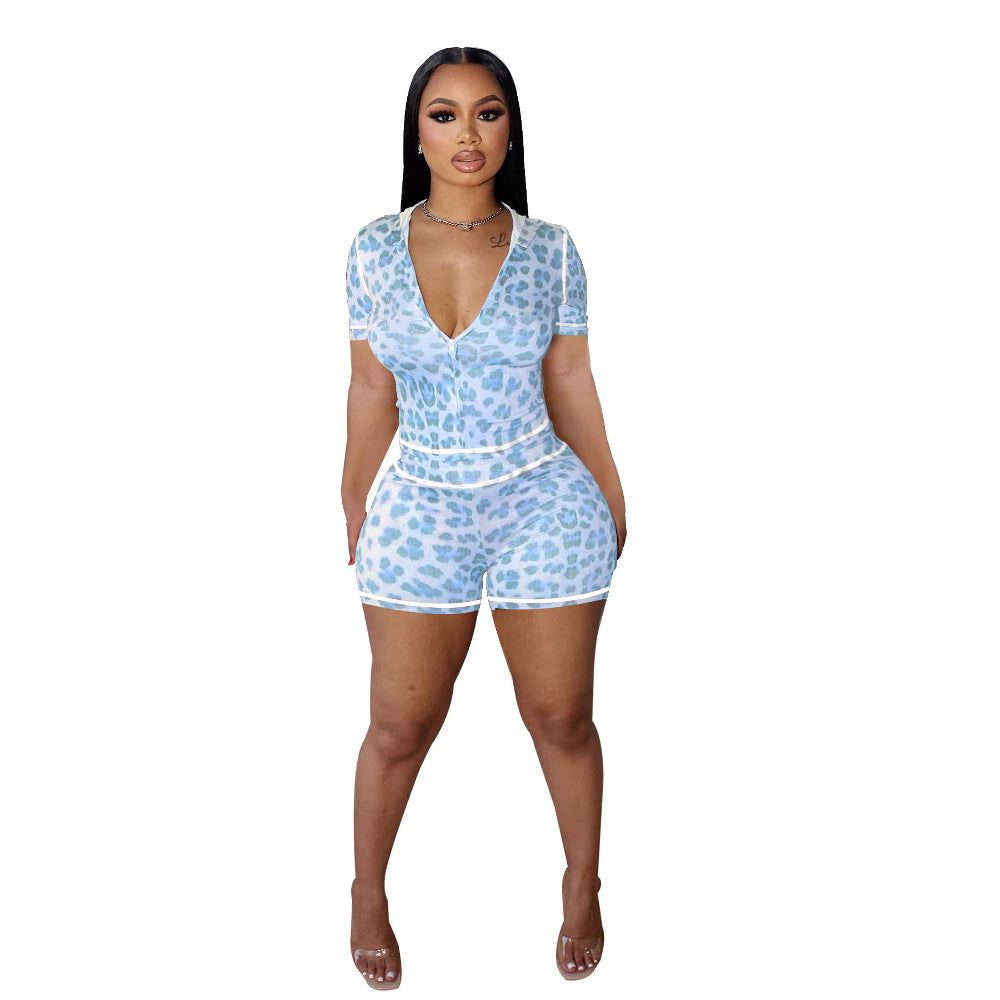 Women Fashion Sexy Leopard Short-Sleeve Zipper Hoodie Set