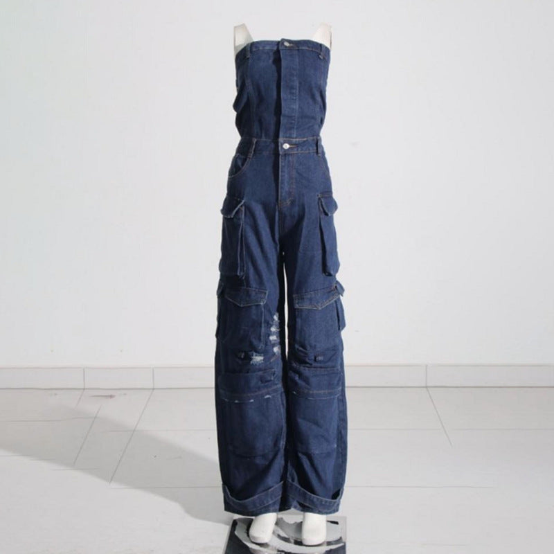 Fashion Street Women Strapless Multi-Pocket Denim Jumpsuit