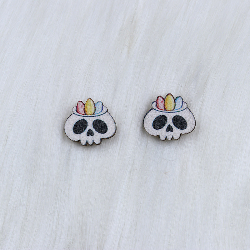 Halloween Women Fashion Wood Print Skull Earrings