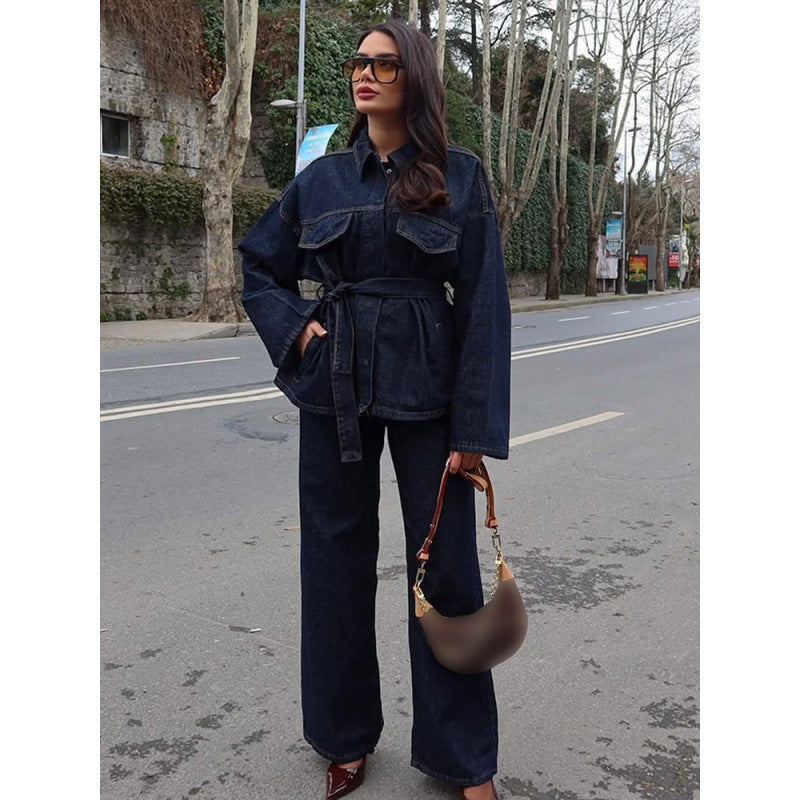 Conjunto de dos piezas de abrigo vaquero informal para mujer, pantalones con cordones y manga larga