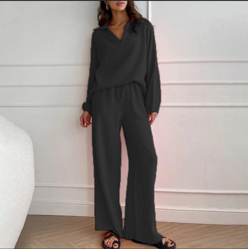 Ensemble deux pièces à col en V et couleur unie pour femme