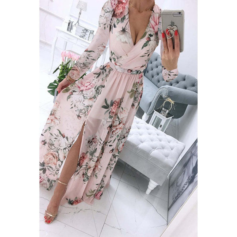 Vestido largo informal de verano para mujer, de gasa, bohemio, con estampado floral, cuello en V y manga larga