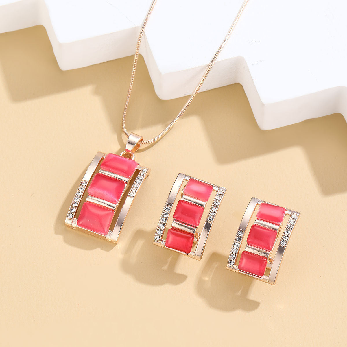 Women Fashion Long Square Cat Eye Necklace Earrings Set Alloy Trendy Jewelry