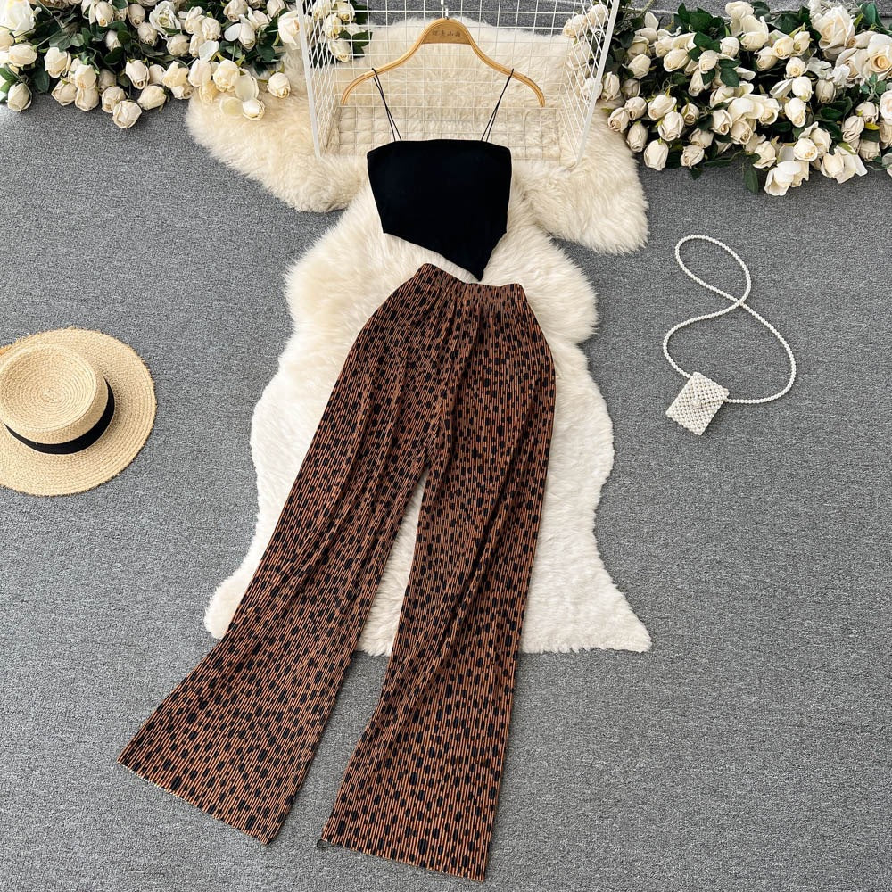Ensemble deux pièces pour femme, caraco à bretelles spaghetti et pantalon large en tissu mélangé