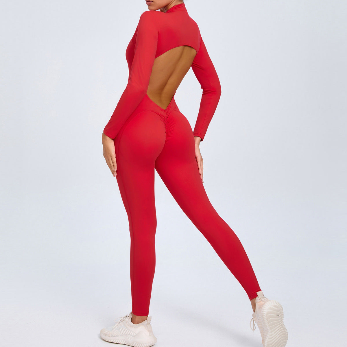 Women Fashion Solid Color Zipper Long-Sleeve Yoga Jumpsuit