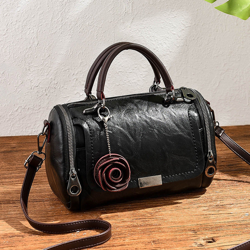 Bolso de mano retro con colgante de flor pequeña de color sólido para mujer