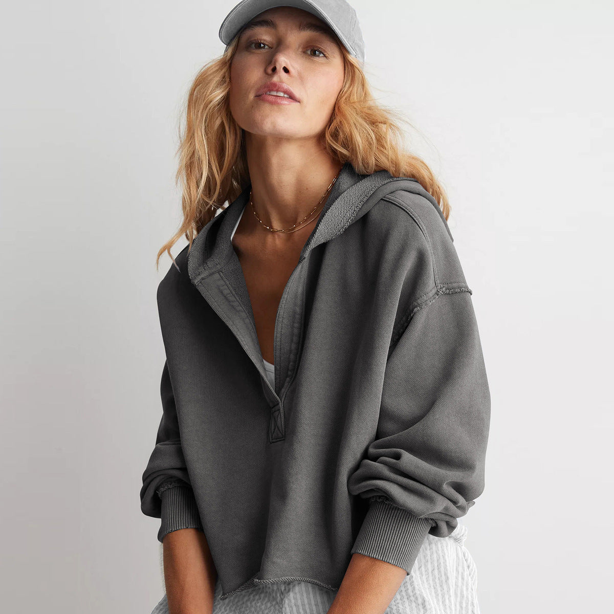 Women Solid Color V-Neck Long Sleeve Hoodies with Loose Fit