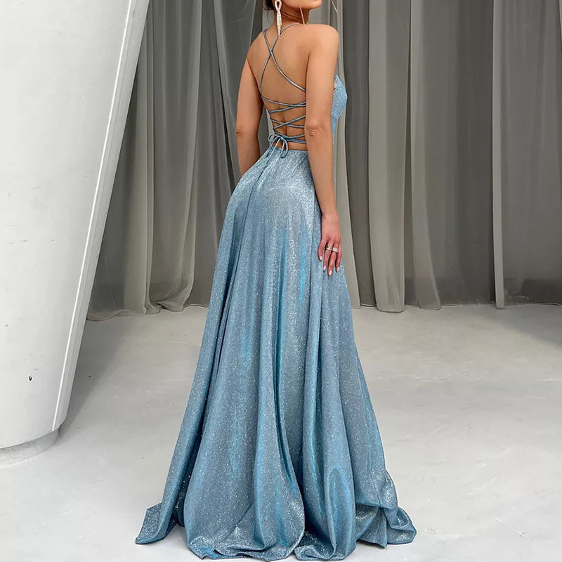 Women Fashion Strap Backless Slit Party Dress
