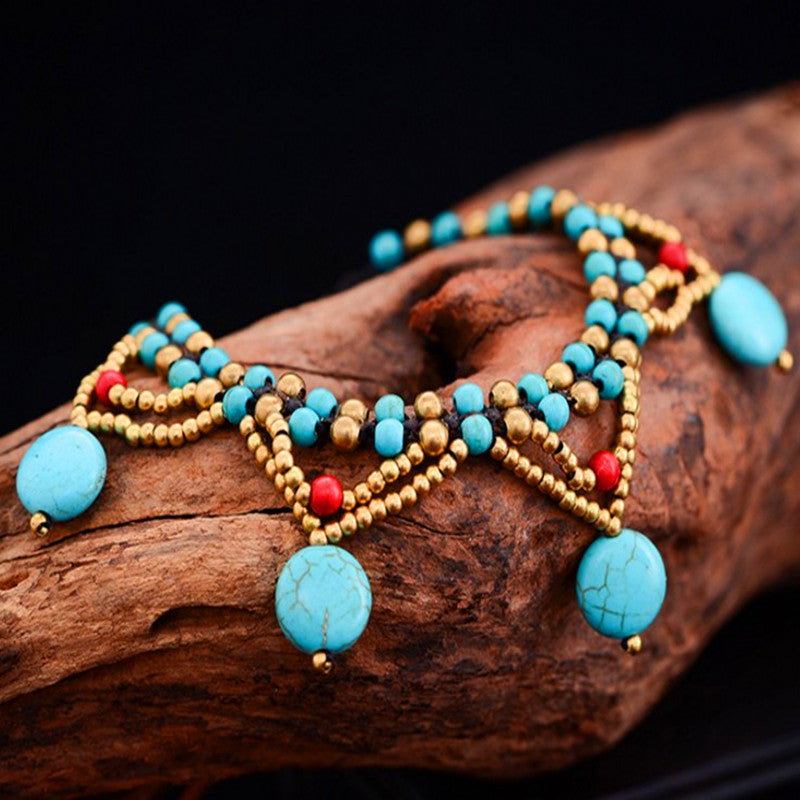 Tobillera bohemia con borlas trenzadas hechas a mano