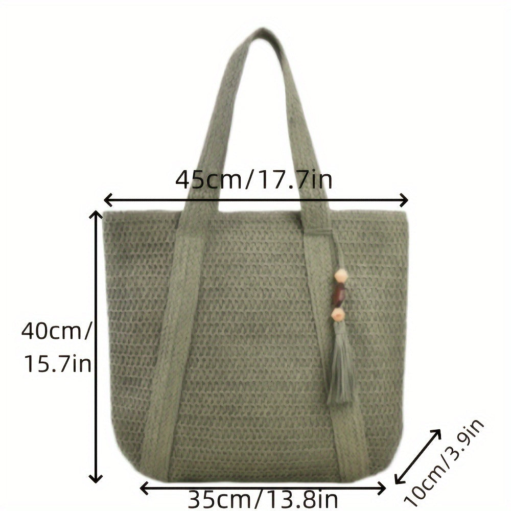 Women Casual Solid Color Straw Woven Beach Tote Bag
