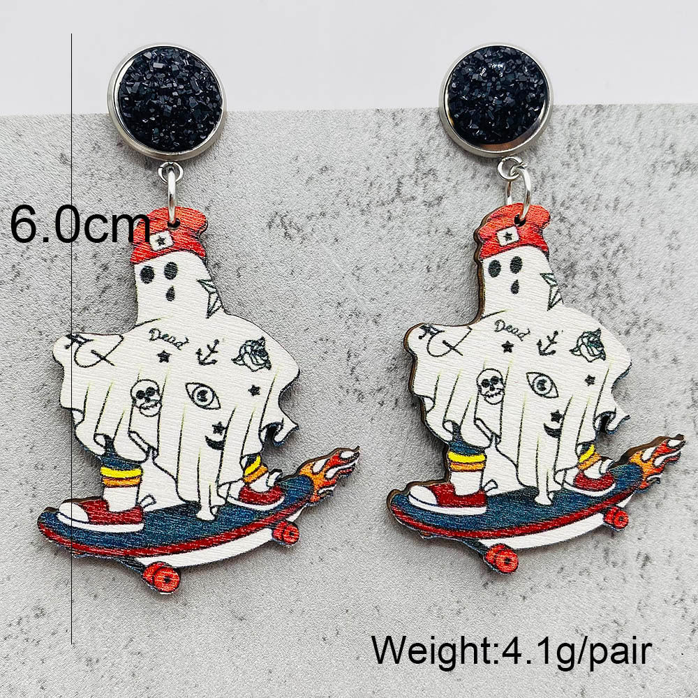 Halloween Women Fashion Retro Ghost Pulley Wooden Earrings