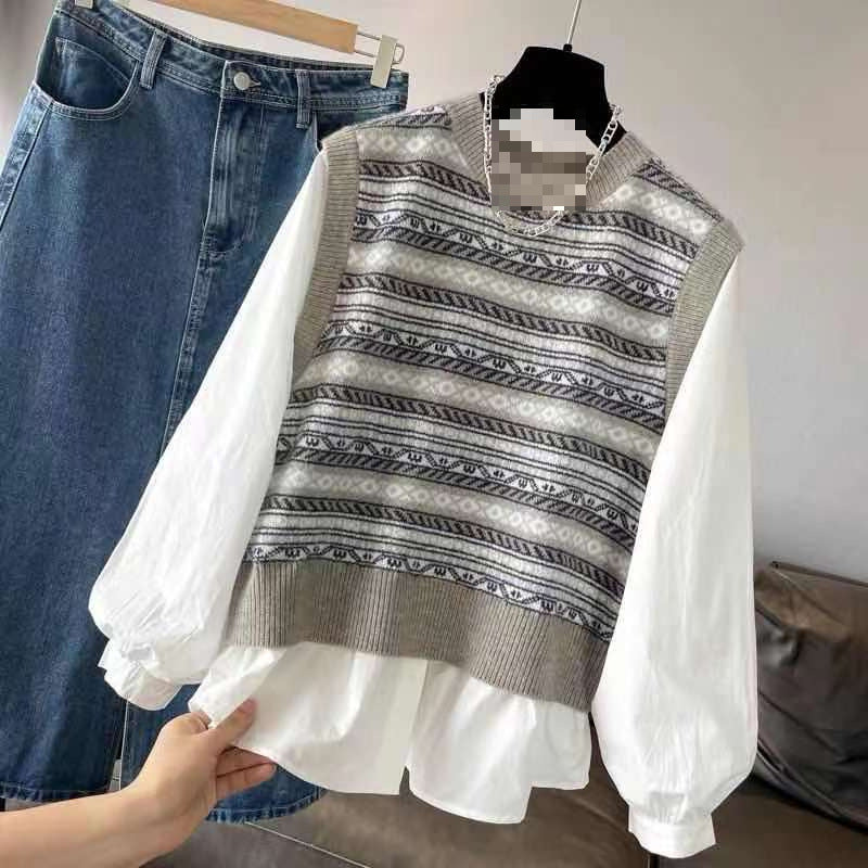 Blusa de dos piezas con costuras falsas informales a la moda para mujer