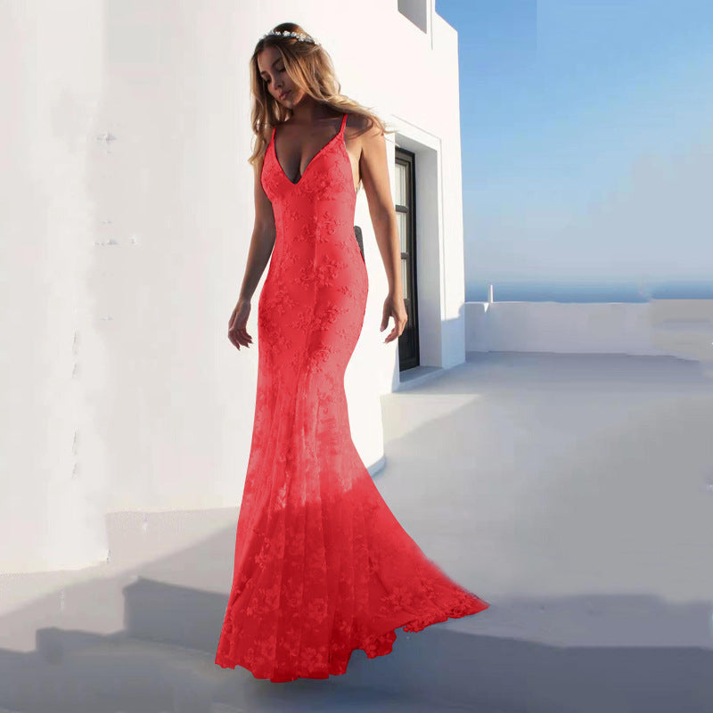 Women Fashion Sexy Solid Color Lace V Neck Backless Dress