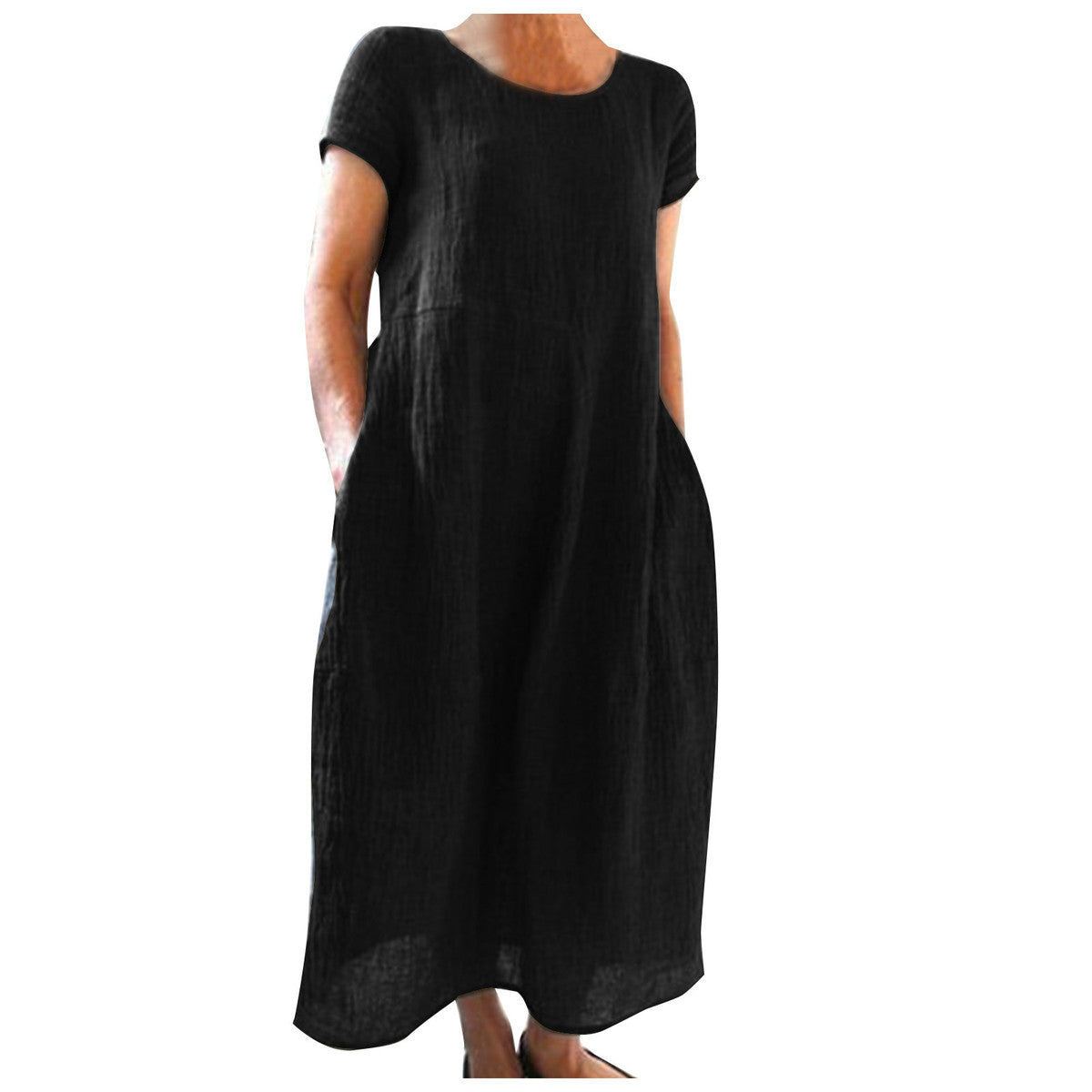 Vestido informal holgado de algodón y lino de color liso para mujer