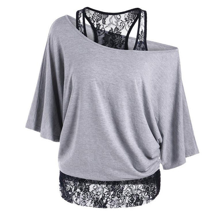 Plus Size Lace Splicing Slanted Shoulder T-Shirt