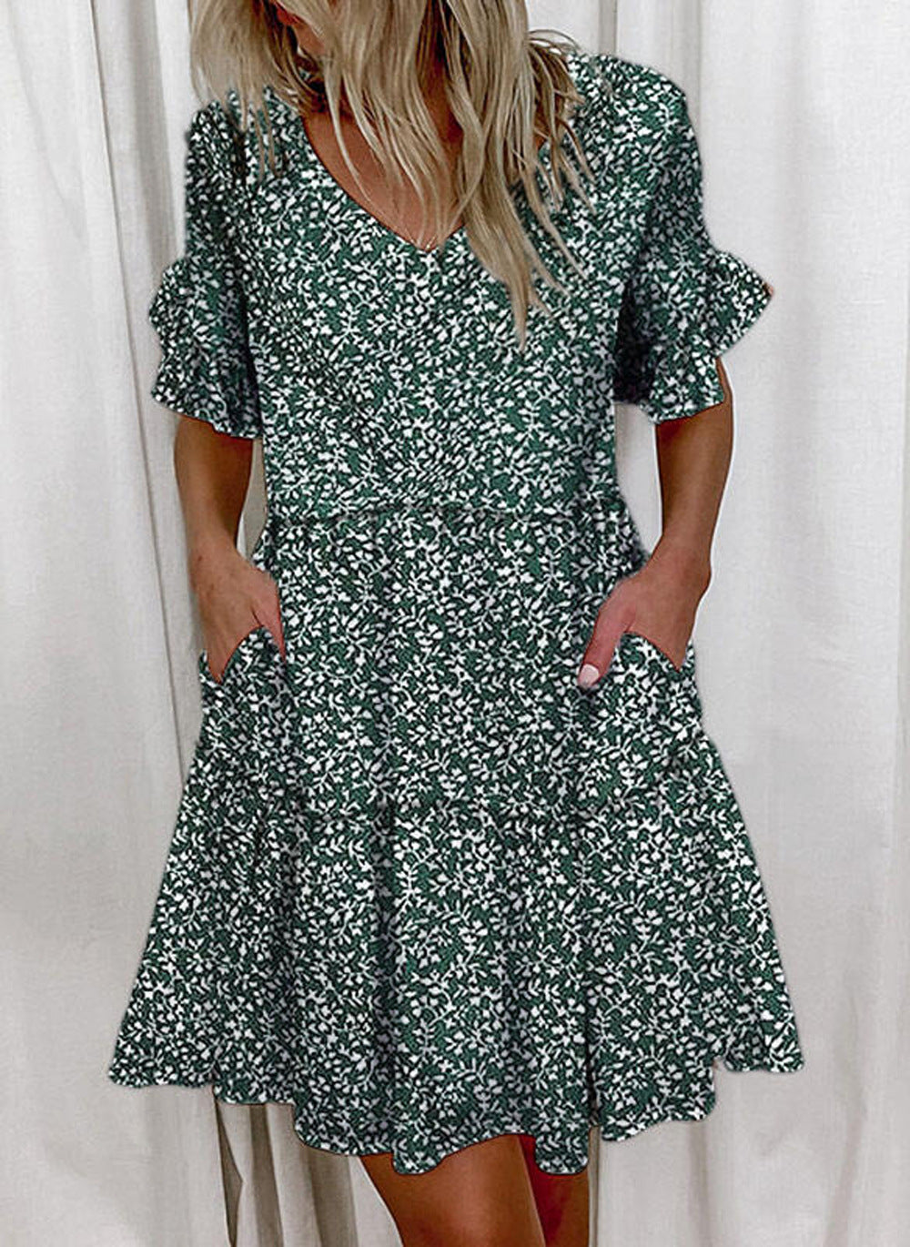 Women Fashion Casual Printed Color Block V-Neck Dress