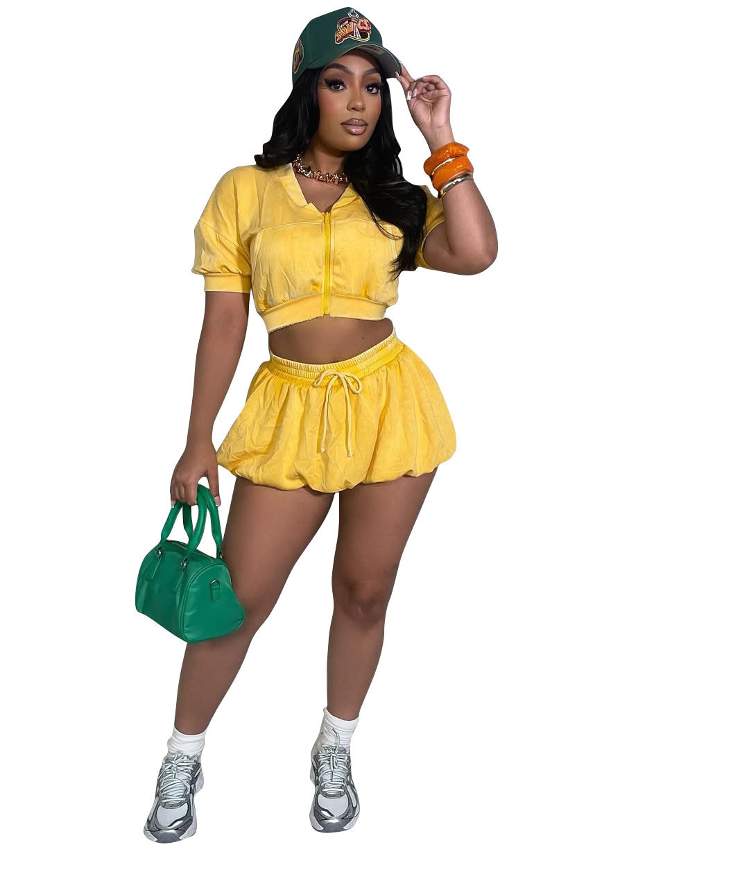 Women Fashion Short Sleeve Crop Top and Lantern Skirt Set - Cotton Two-Piece Outfit
