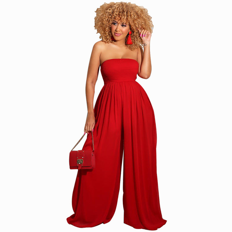 Women Fashion Casual Solid Color Chiffon Sleeveless Wide Leg Jumpsuit