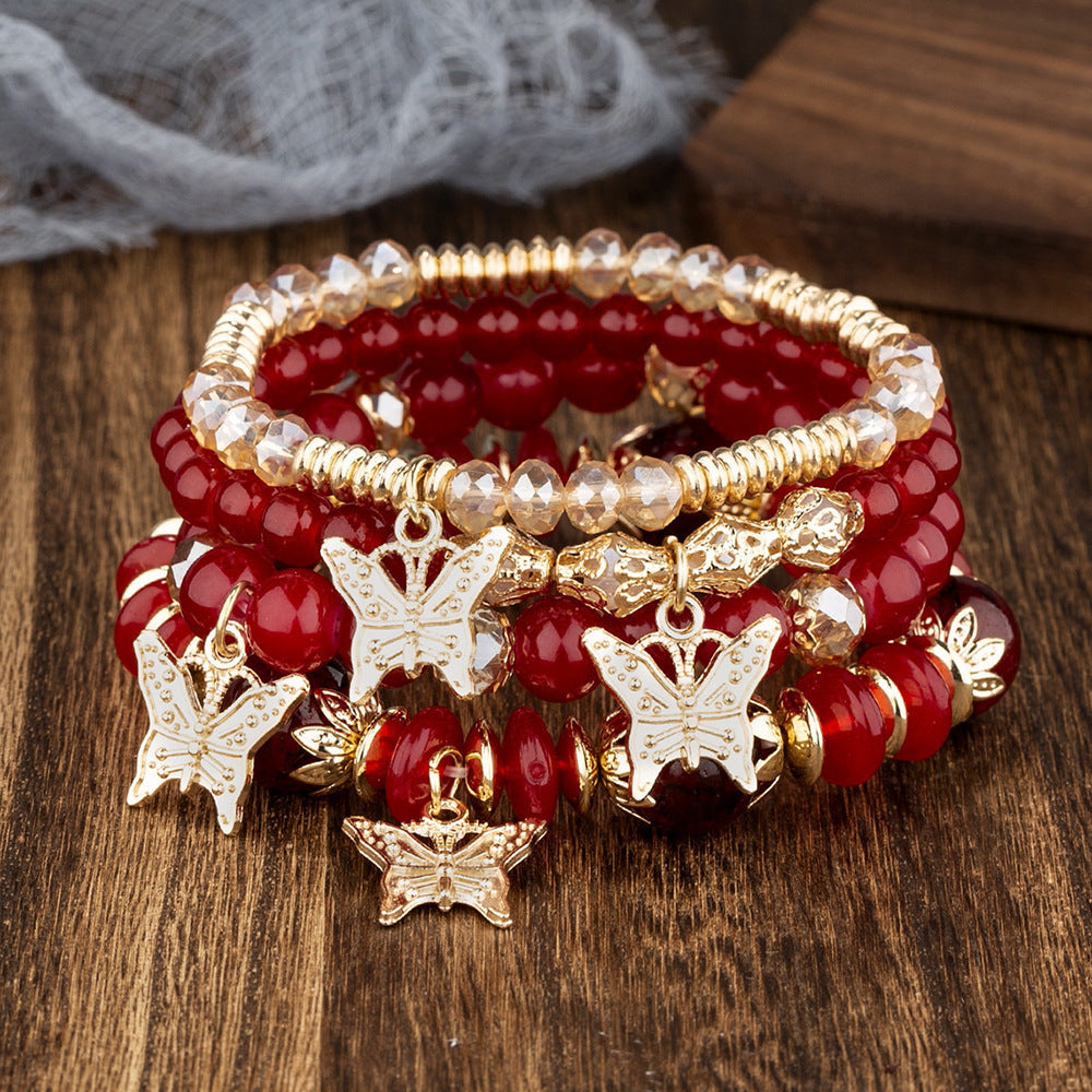 Bohemian Multi-Layer Beaded Butterfly Pendant Bracelet