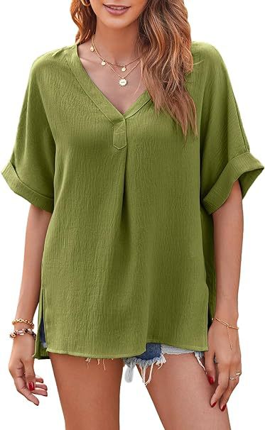 Blusa holgada informal de manga corta con cuello en V y color liso para mujer