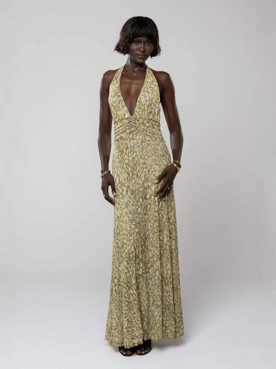 Women Fashion Sexy Printed Halter-Neck Backless Dress