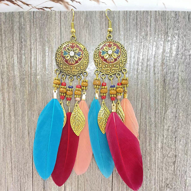 Bohemian Flower Beads Feather Earrings for Women