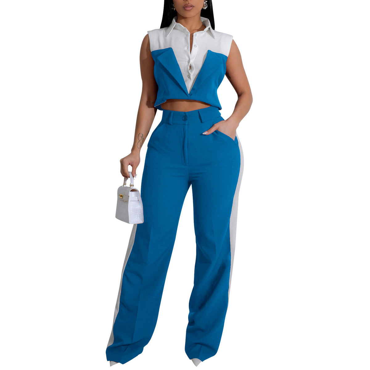 Women Sleeveless Color Blocking Shirt Pants Set Polyester Spandex