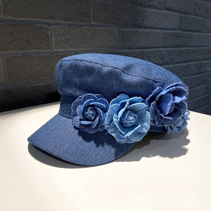 Women Fashion Casual Flower Decoration Denim Flat Hat
