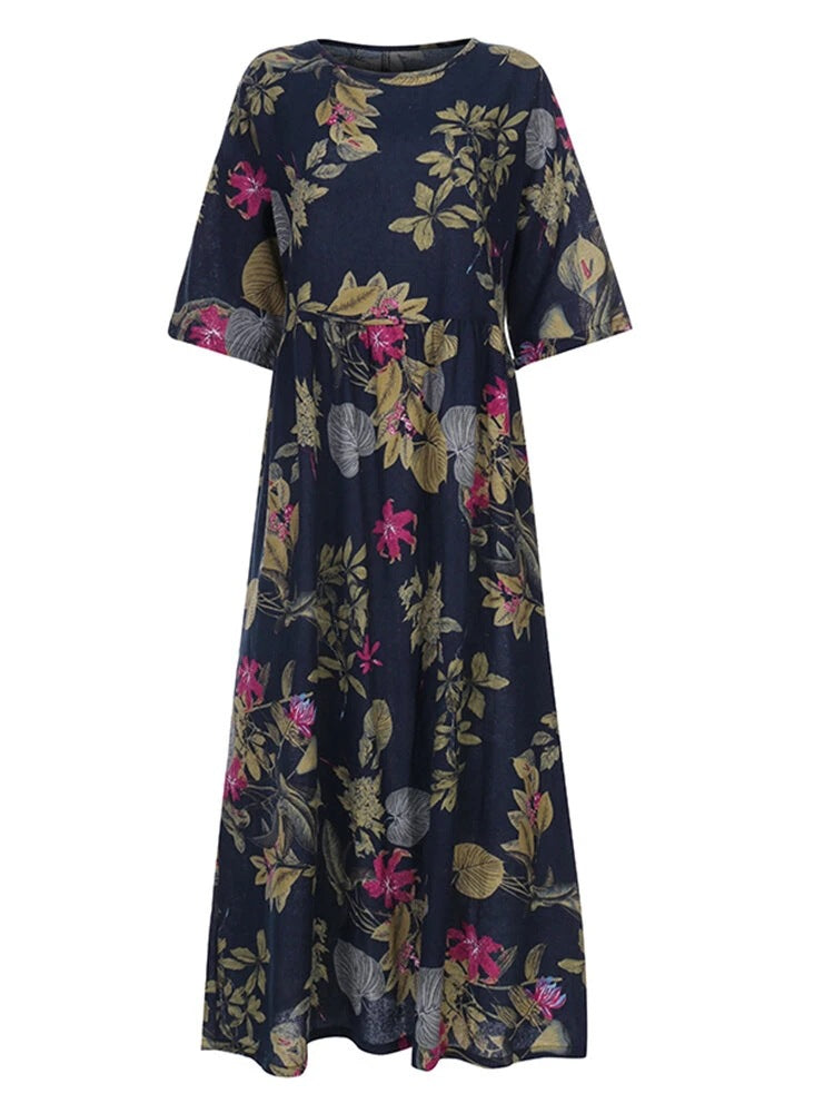 Women Elegant Bohemian Short Sleeves Summer Round Neck Floral Dress