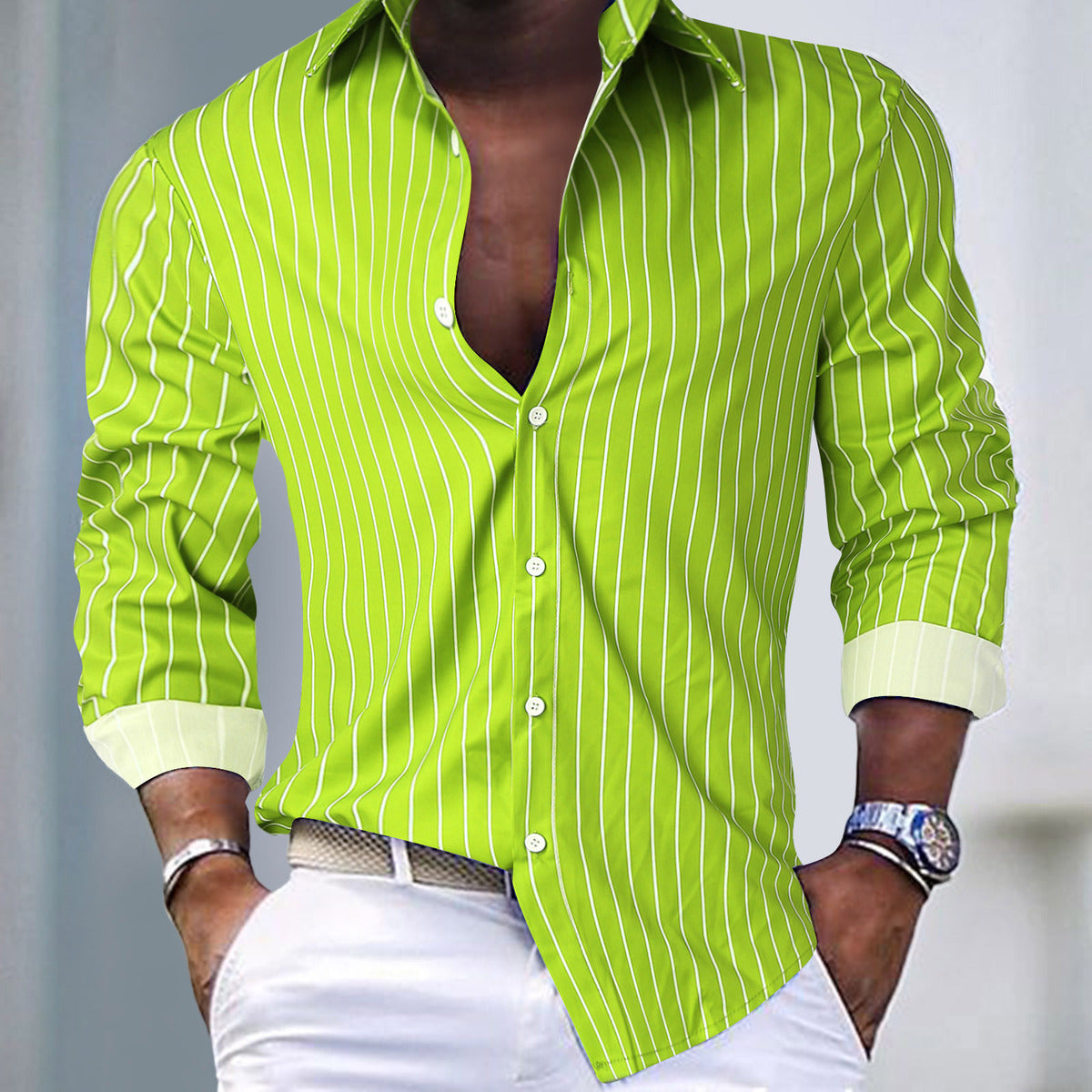 Men's Casual Stripe Lapel Long Sleeve Shirt