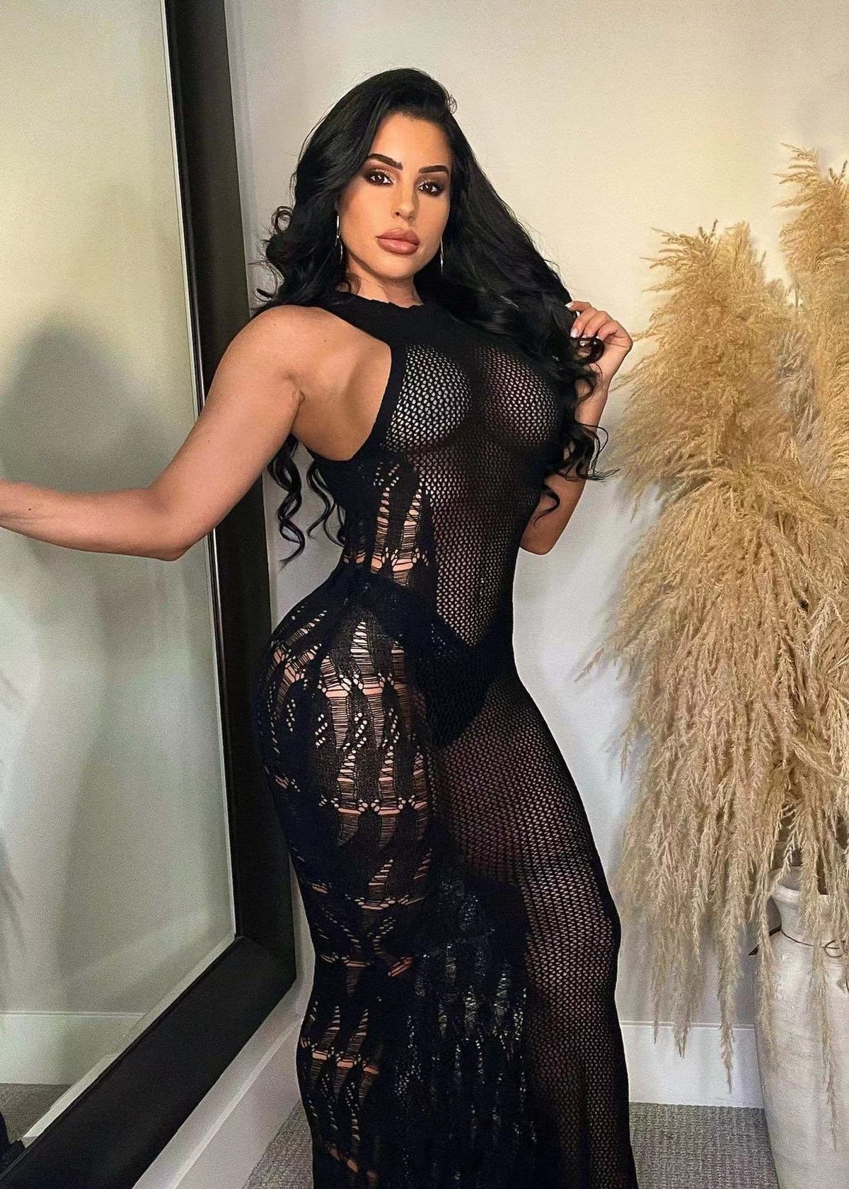 Women Vacation Sexy Hollow Mesh Knitted Long Dress
