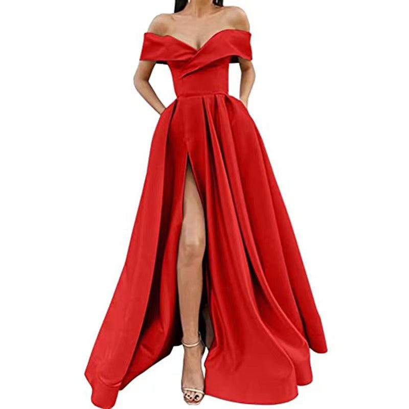 Women Sexy Elegant Satin Deep V-Neck Off Shoulder Party Dress