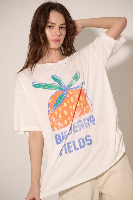Camiseta informal de manga corta con cuello redondo y estampado para mujer