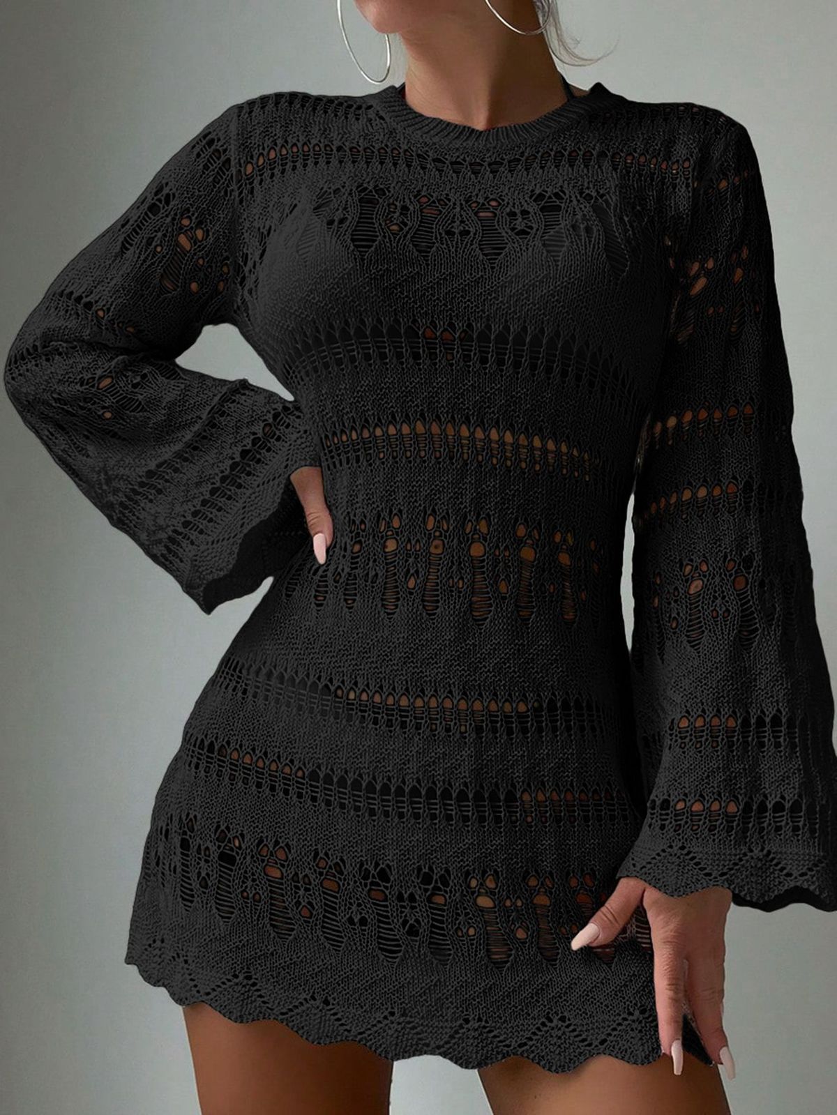 Vestido playero de punto calado de color liso a la moda para mujer
