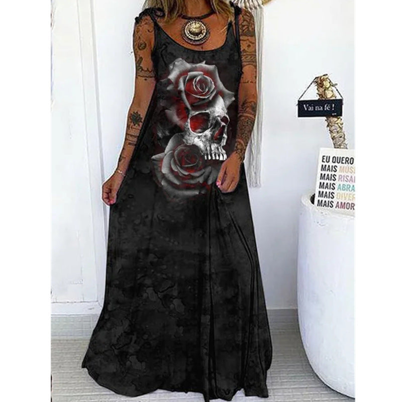 Vestido largo holgado con estampado de calavera de Halloween para mujer, estilo bohemio informal