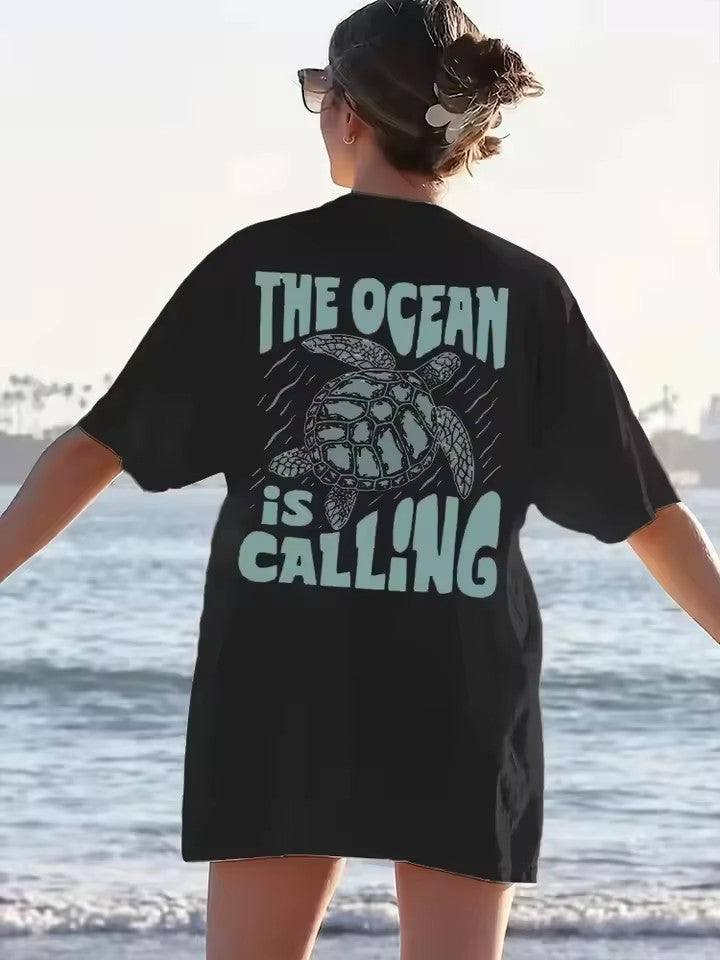 T-shirt décontracté en coton imprimé lettres et tortues pour femme