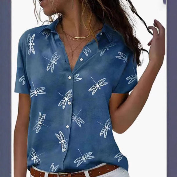 Blusa informal de poliéster con estampado de libélula y manga corta para mujer