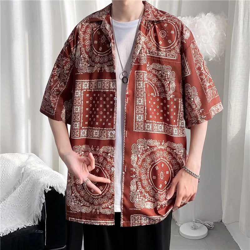 Camisa informal vintage con estampado de flores diminutas para hombre