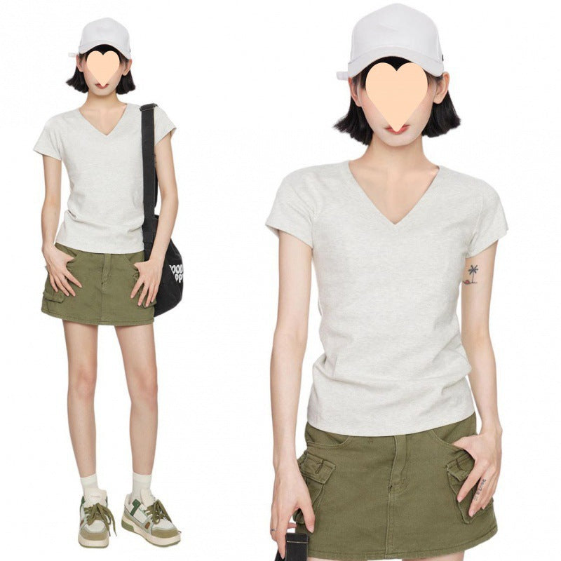 Camiseta lisa de manga corta con cuello en V para mujer