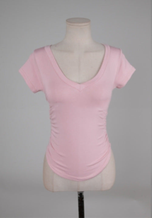 T-shirt simple et basique à col en V et manches courtes pour femme, moulant, uni et vierge