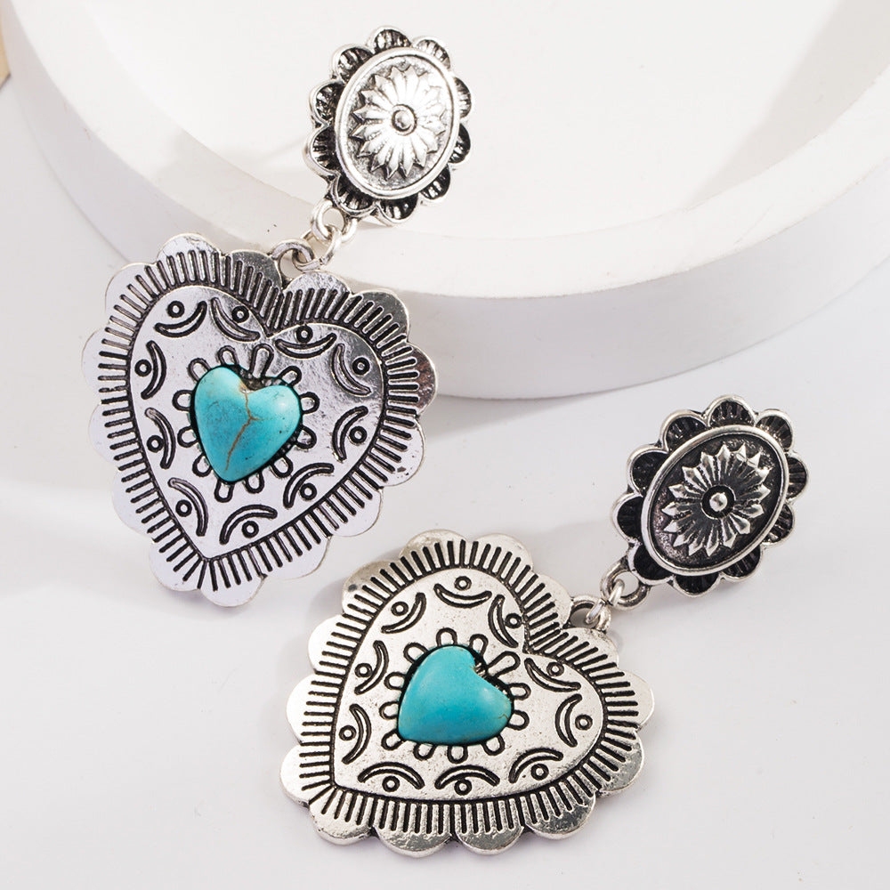 Boucles d'oreilles rétro en forme de cœur turquoise exagéré pour femme - Bijoux bohèmes vintage